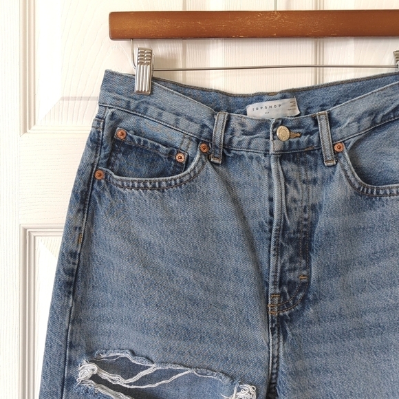 Topshop Distressed Medium Wash High Rise Straight Leg Button Fly Dad Jeans 28 - Picture 11 of 14